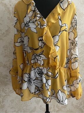 Calvin Klein Yellow Floral Ruffle Peplum Blouse